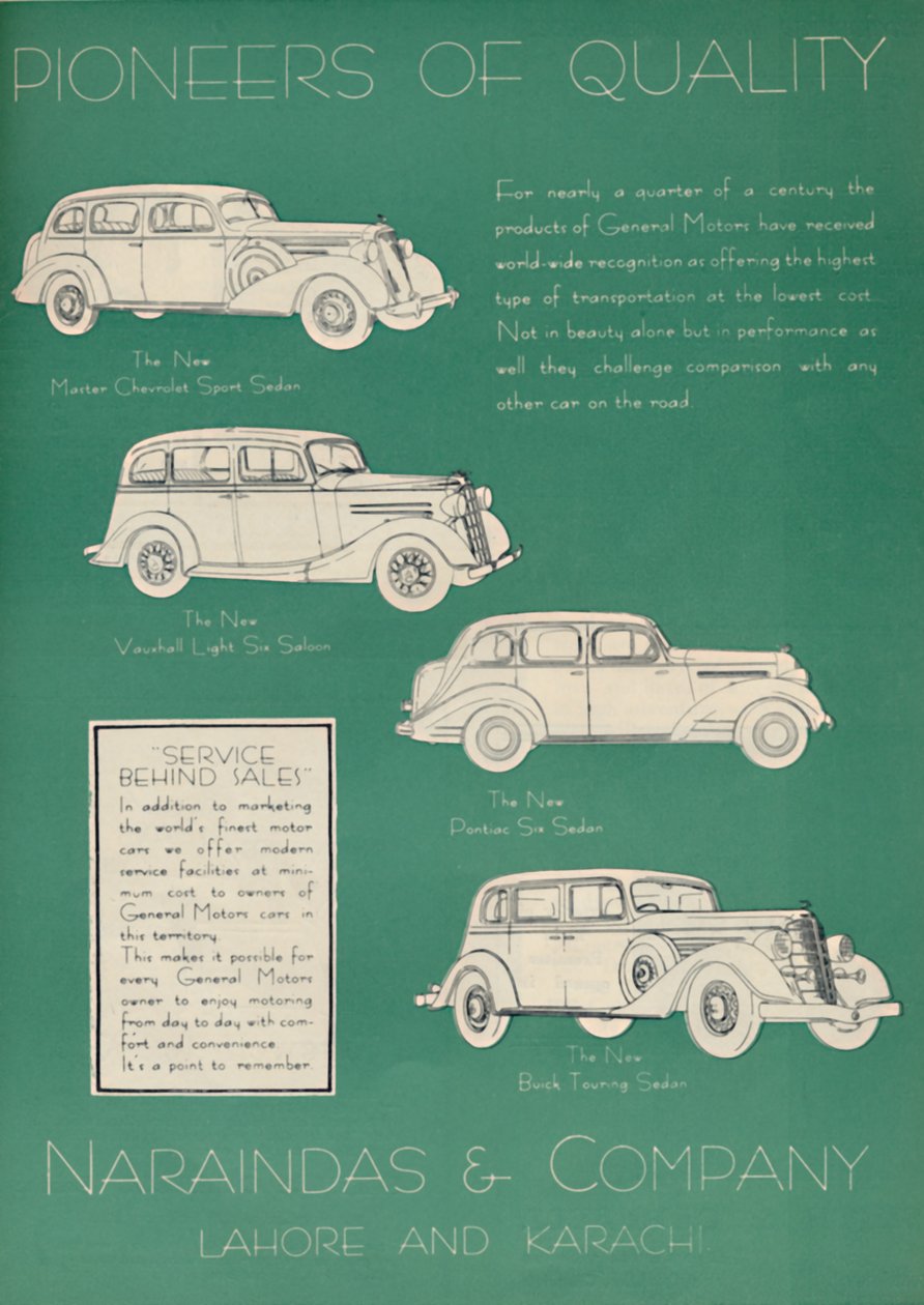Anúncio da Naraindas & Company, fornecedores de automóveis, 1936. de Unbekannt