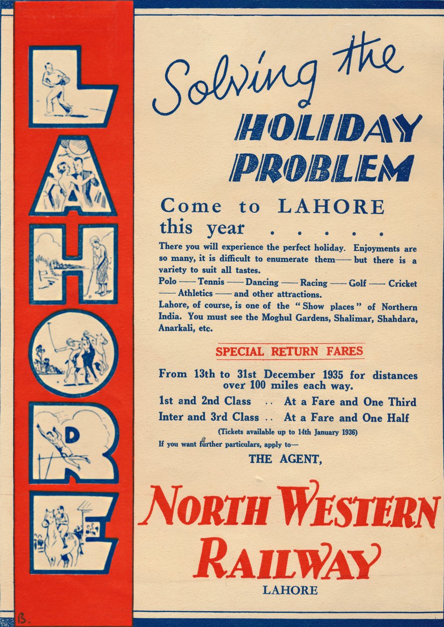 Anúncio da North Western Railway que promove viagens a Lahore, 1936. de Unbekannt