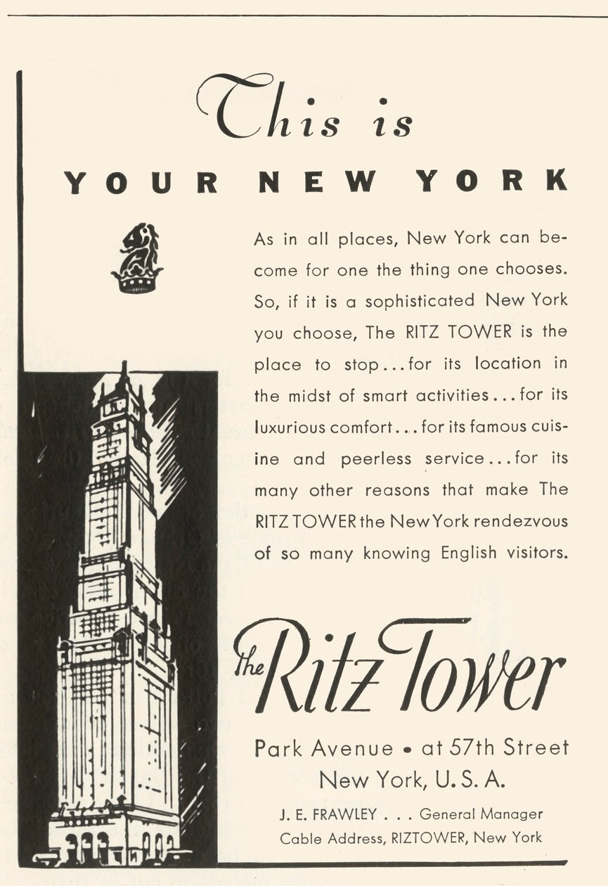 Anúncio do Ritz Tower Hotel em Nova York, 1934. de Unbekannt