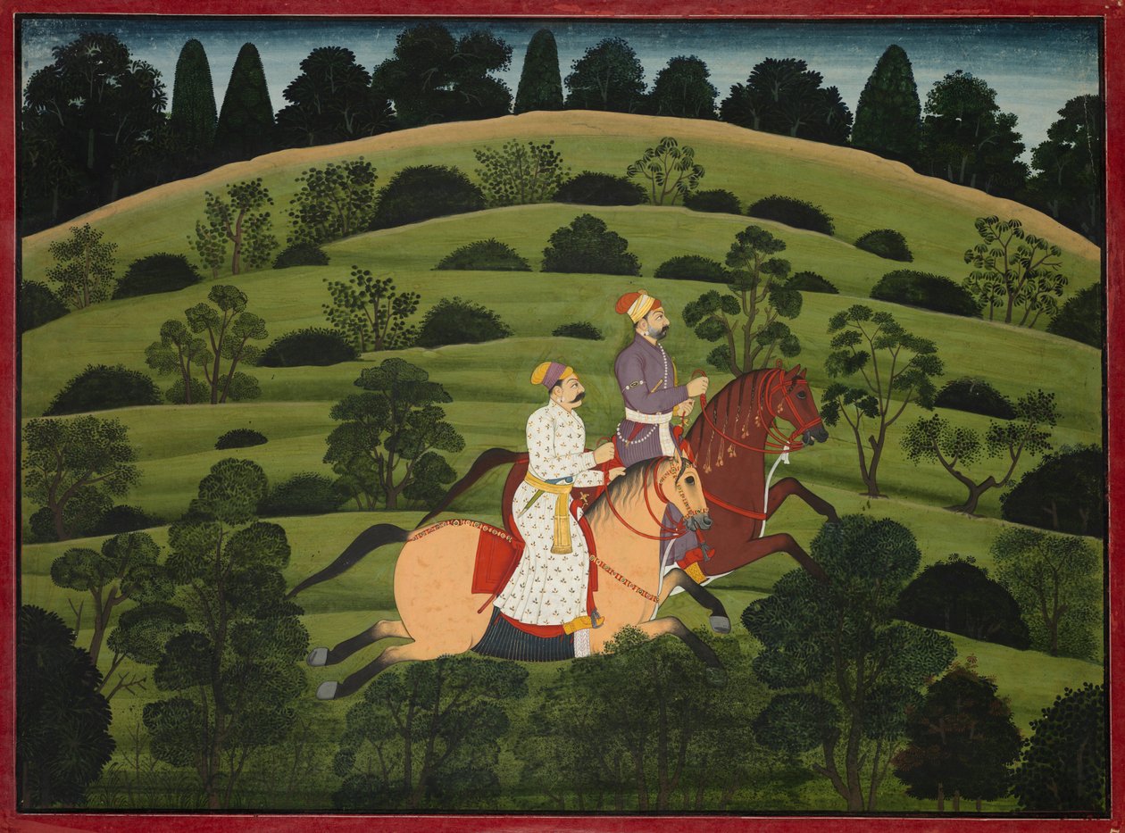 Akrura cavalga em direção a Dwarka, página do grande Basohli Bhagavata Purana, c. 1760-1765. de Unbekannt