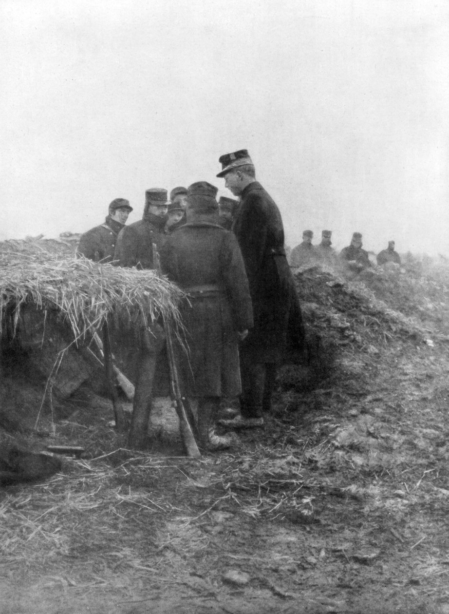 Alberto I, o terceiro rei dos belgas, visitando as trincheiras de Avecapelle, Bélgica, 1915 de Unbekannt