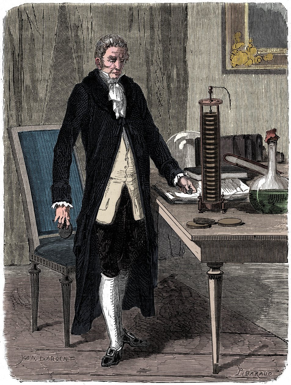 Alessandro Volta, físico italiano, demonstrando sua bateria elétrica, c1800 c1870 de Unbekannt