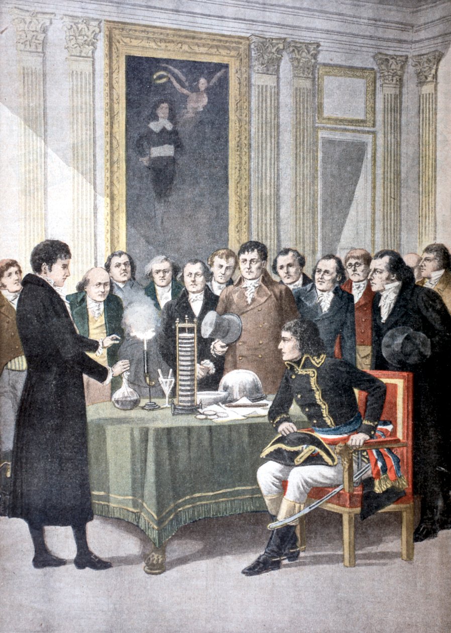 Alessandro Volta, demonstrando sua pilha de pilhas para Napoleão, c1800 1901 de Unbekannt