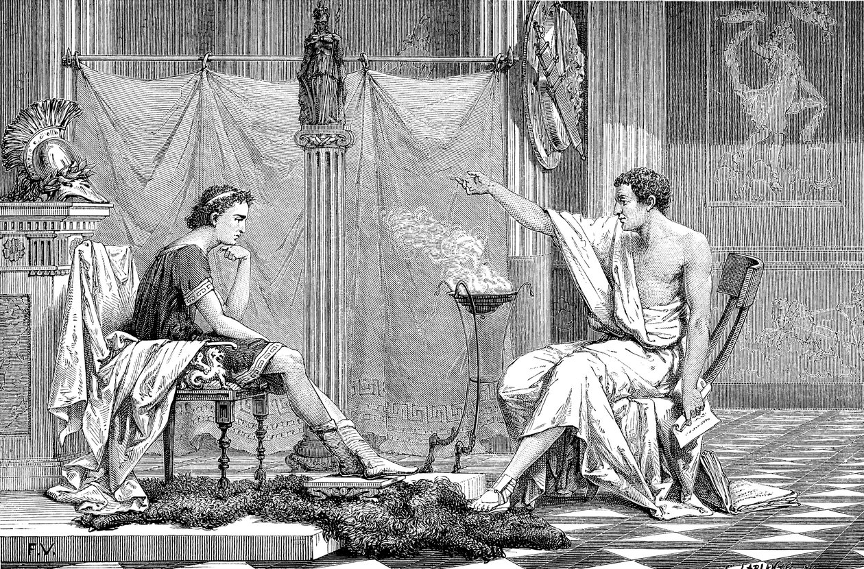 Alexandre, o Grande, 356-323 aC, quando jovem, ouvindo seu tutor Aristóteles, c1875 de Unbekannt