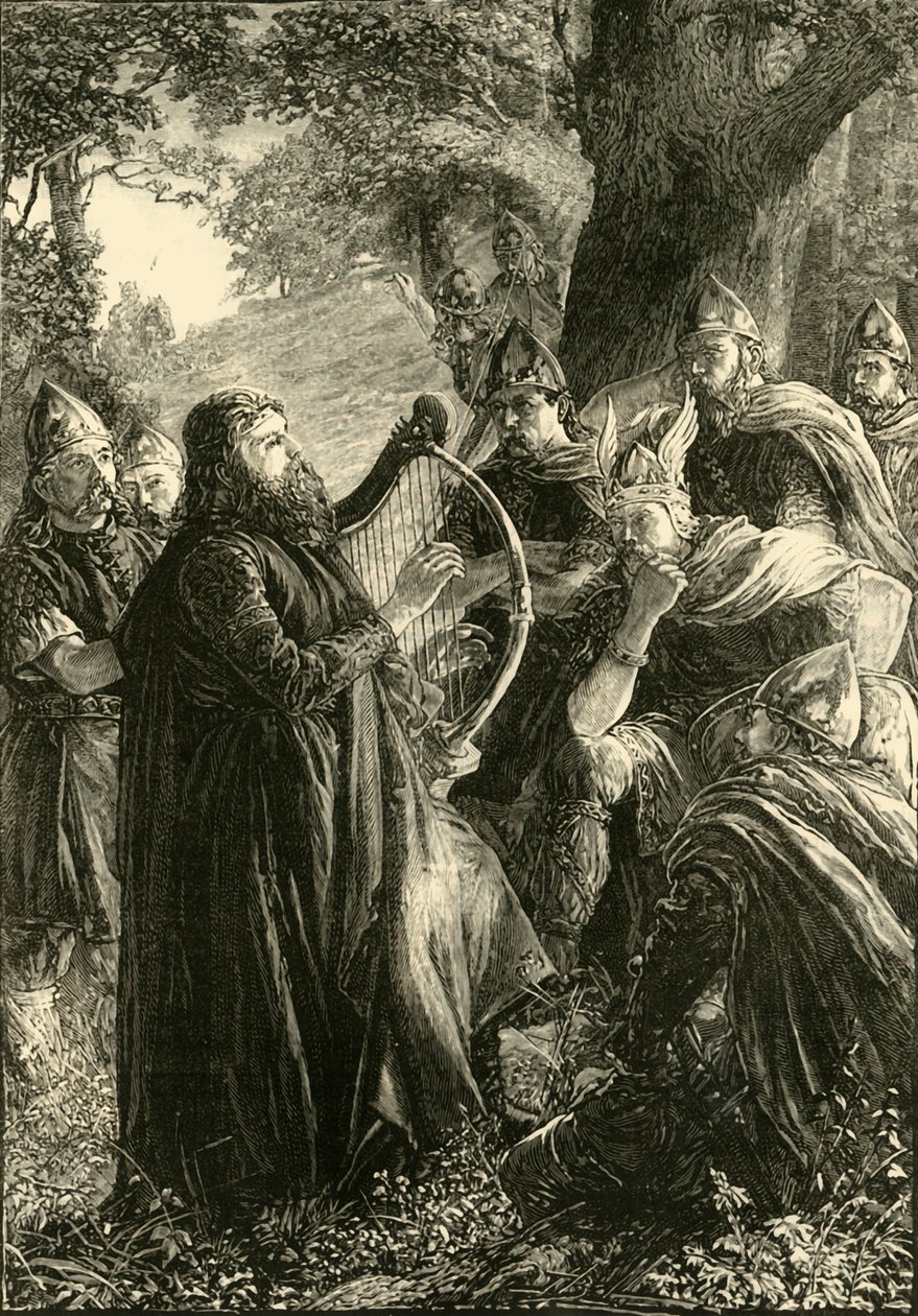 Alfred, o Grande, disfarçado de harpista, tocando antes de Guthrum, 878, 1890. de Unbekannt