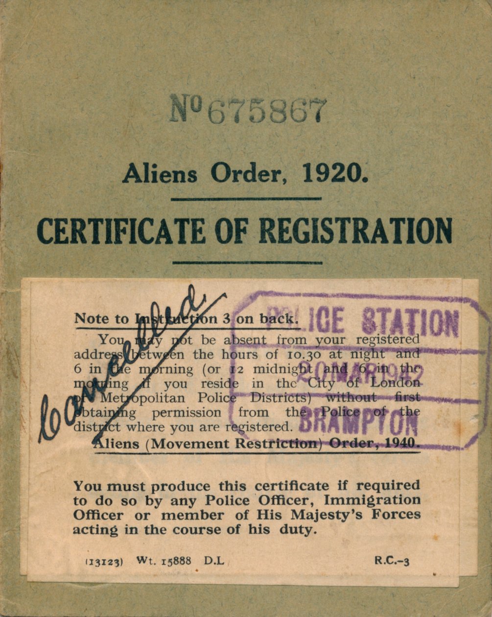 Ordem dos Estrangeiros, Certificado de Registro, 1920 de Unbekannt