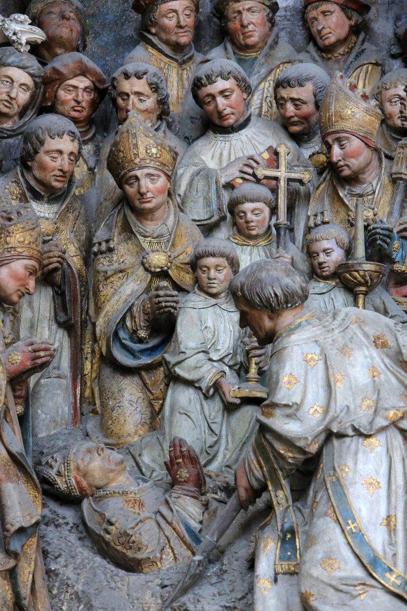 Amiens Tradução das relíquias de St. Firmin. Exumação dos restos mortais do mártir. Detalhe da história de St. Firmin localizada sobre o mentiroso Adrien Henencourt. Catedral de Amiens, Amiens, França de Unbekannt