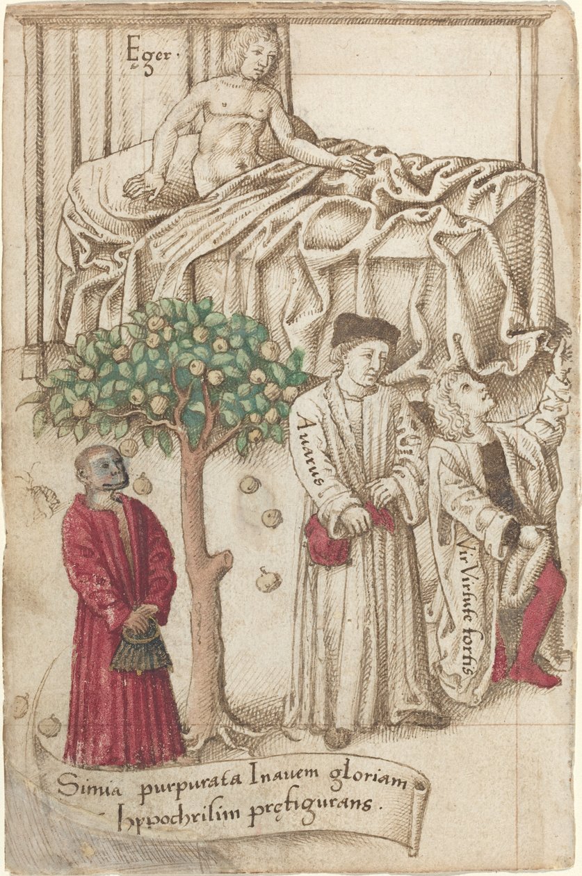 Um macaco de púrpura com um homem doente, um homem bom e um avarento [fol. 36 verso], c. 15121515. de Unbekannt