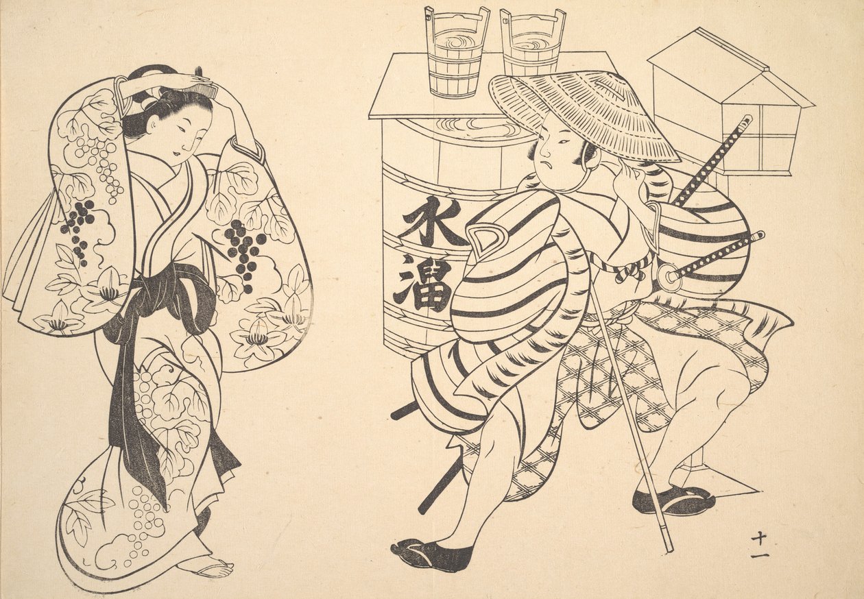 Uma Oiran reorganizando seu cabelo na rua enquanto um jovem samurai observa. de Unbekannt