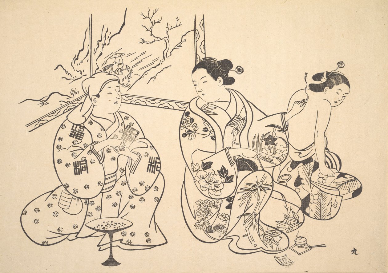 Um Oiran sentado em uma sala de estar aplica o tratamento de fogo nas costas nuas de outra mulher. de Unbekannt