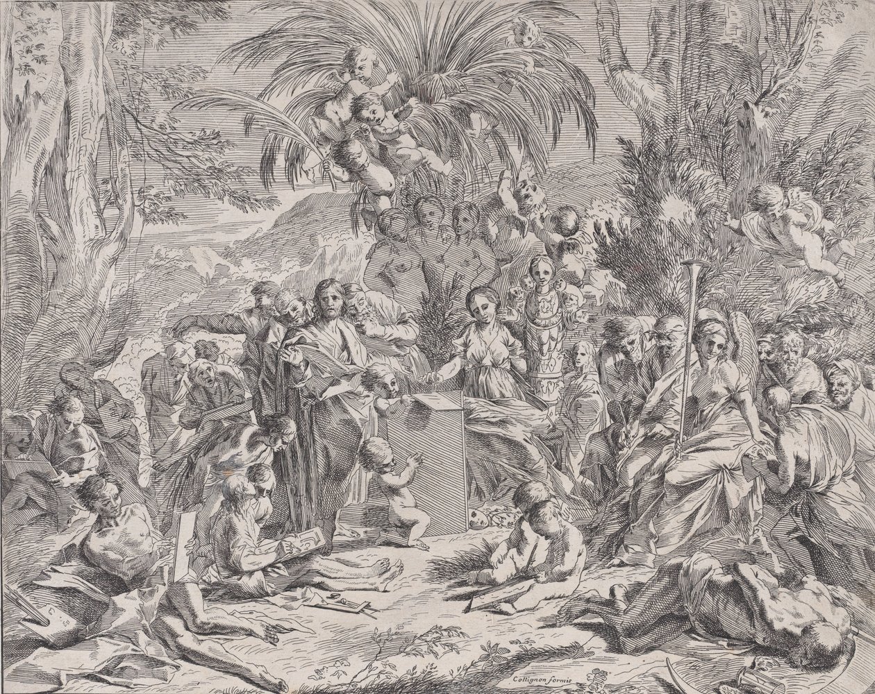 Uma alegoria da pintura, que quando criança no centro-esquerda desenha em uma tabuinha, surrou..., 1650-1700. de Unbekannt