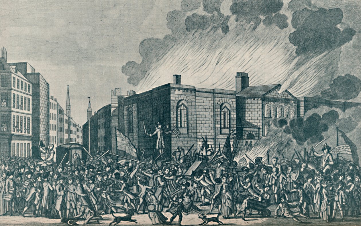 Uma representação exata da queima, pilhagem e destruição de Newgate pelos manifestantes no de Unbekannt