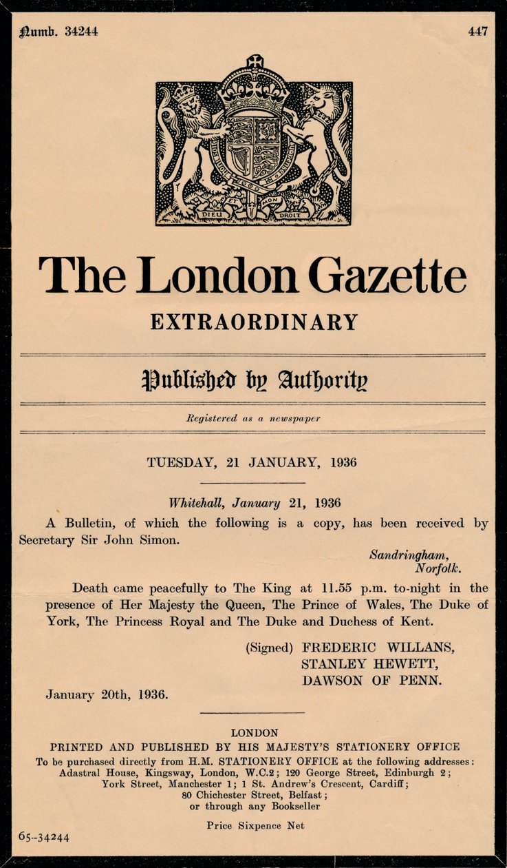 Um boletim extraordinário do The London Gazette anunciando a morte do rei George V 1865-1936 de Unbekannt