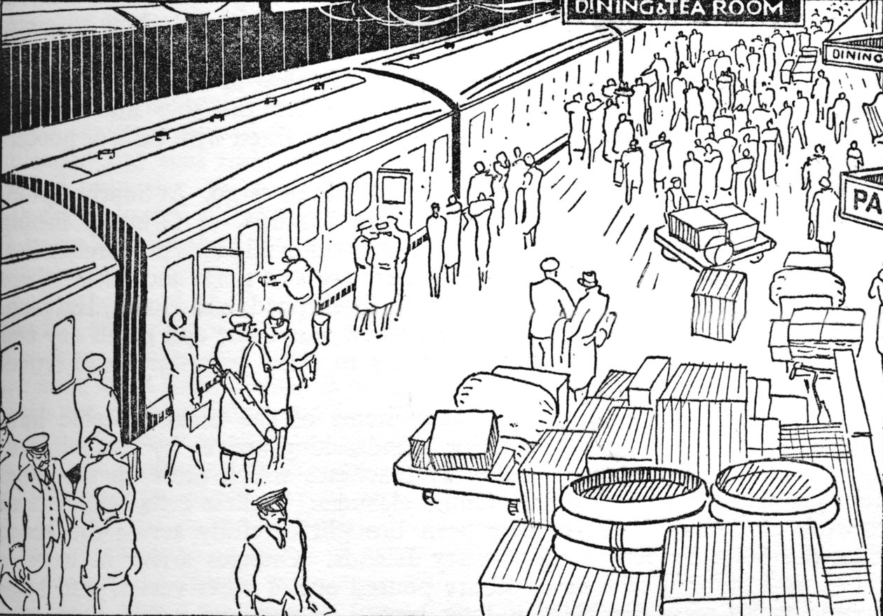 Uma ilustração de uma estação ferroviária dos anos 30, em 1937 de Unbekannt