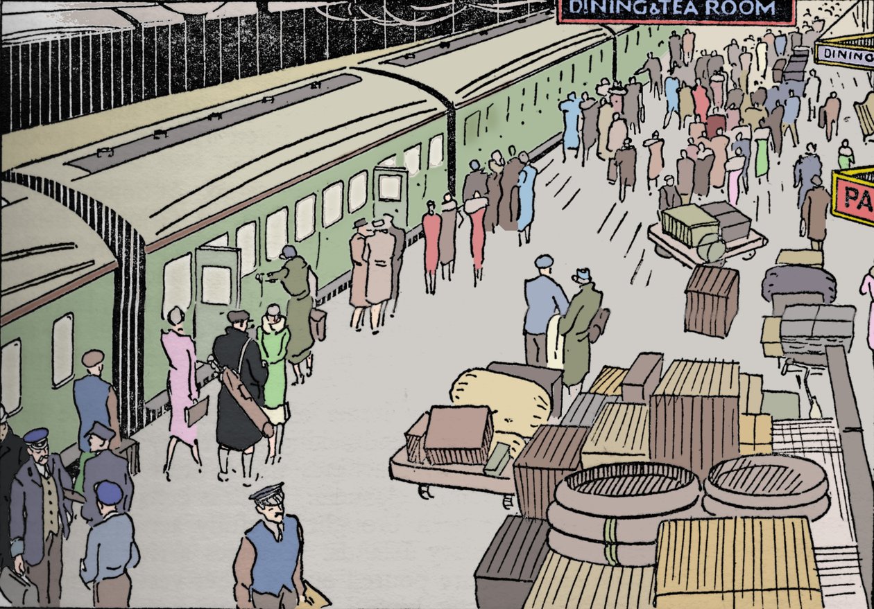 Uma ilustração de uma estação ferroviária dos anos 30, em 1937 de Unbekannt