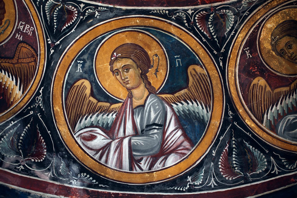 Angel Medallion around Christ and the Last Judgement Detail of the Byzantin fresco da abóbada de Narthex da igreja de Asinou Last judgement scene 14th century (1332) UNESCO, património cultural mundial região de Troodos, Chipre de Unbekannt