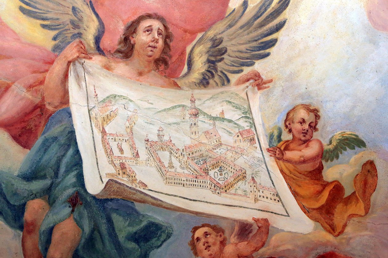 Anjo segurando um plano da Abadia de Heiligenkreuz. Abadia de Heiligenkreuz, Viena, Áustria de Unbekannt