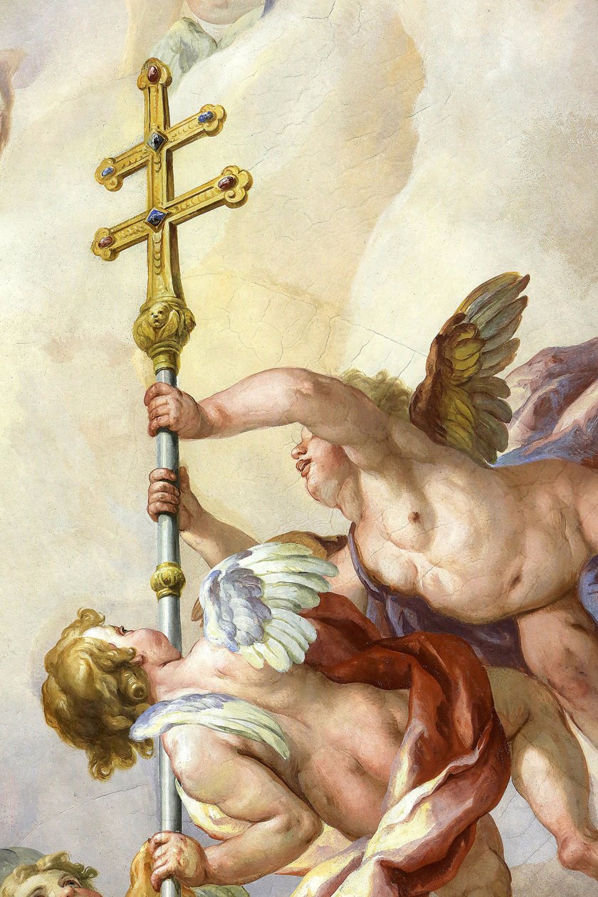 Anjos segurando uma cruz. Fresco por Johann Michael Rottmayrr. Karlskirche. Igreja de São Carlos, Viena, Áustria de Unbekannt