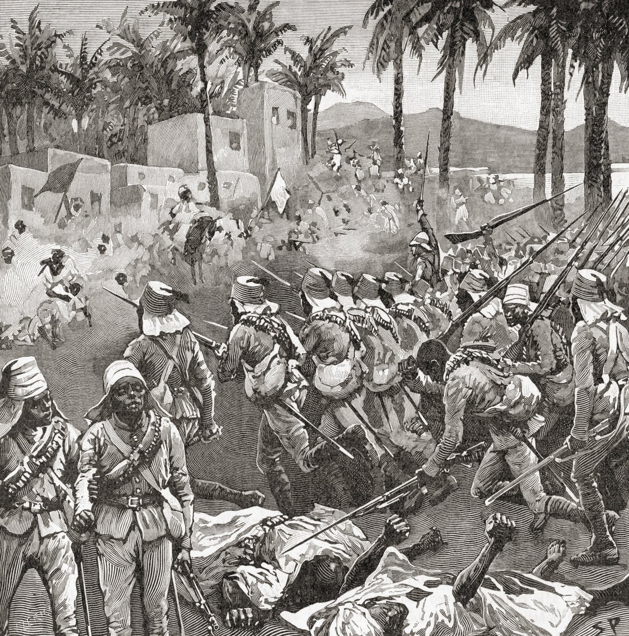 Tropas anglo-egípticas invadem a aldeia de Ferkeh na Batalha de Ferkeh ou Firket, a 7 de Junho de 1896, durante a Guerra de Mahdist. de Unbekannt