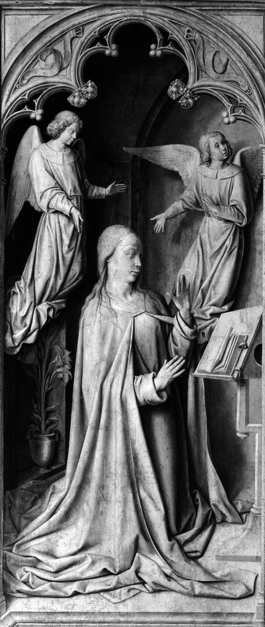 Anunciação Inverter a parte do tryptic, esquerda. Pintura de Mestre de Moulins ou Jean Hey (1450-1505) século XV. Cathedrale Notre Dame, Moulins (Allier) de Unbekannt
