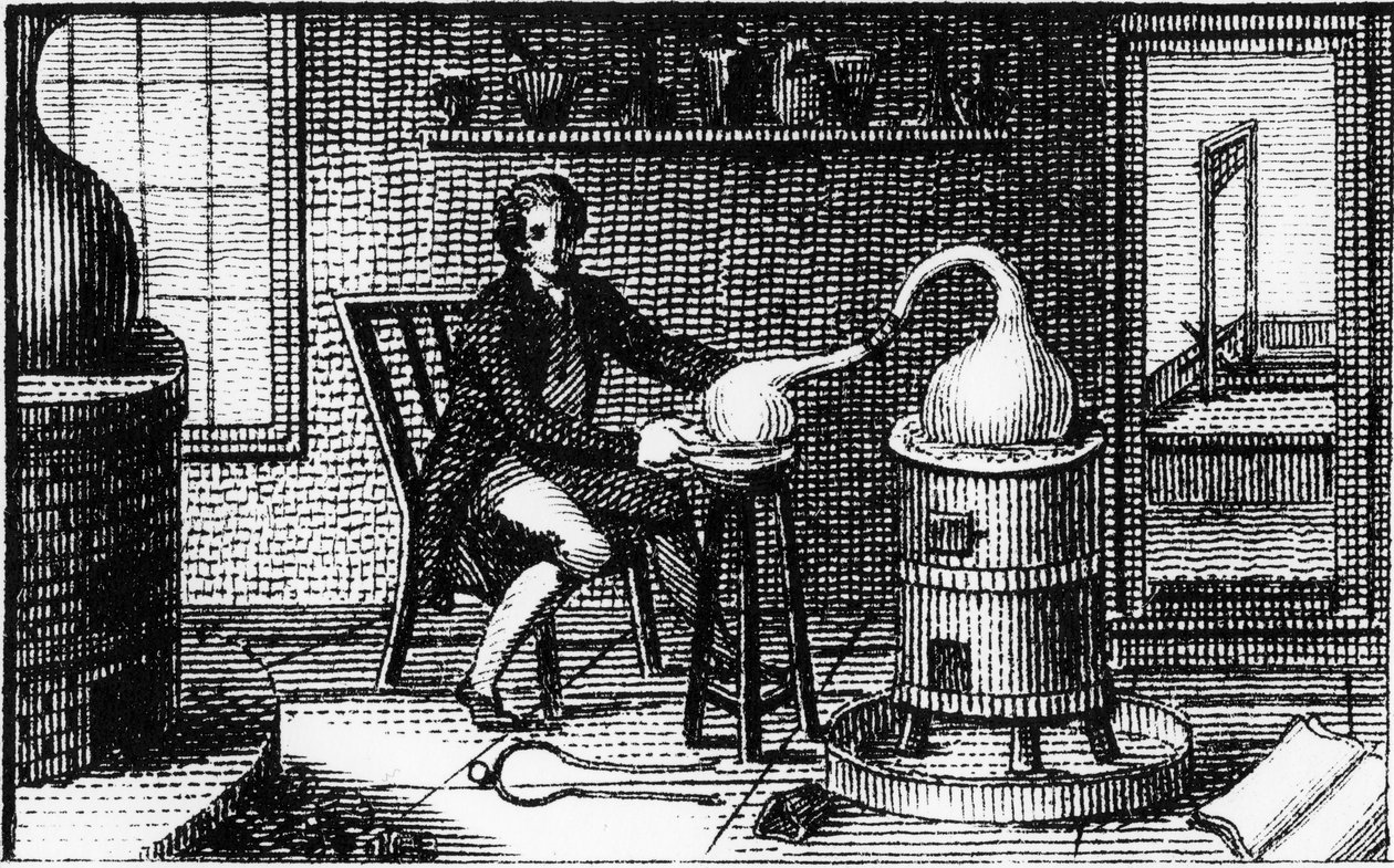 Antoine Laurent Lavoisier, químico francês do século XVIII, em seu laboratório, 1814 de Unbekannt