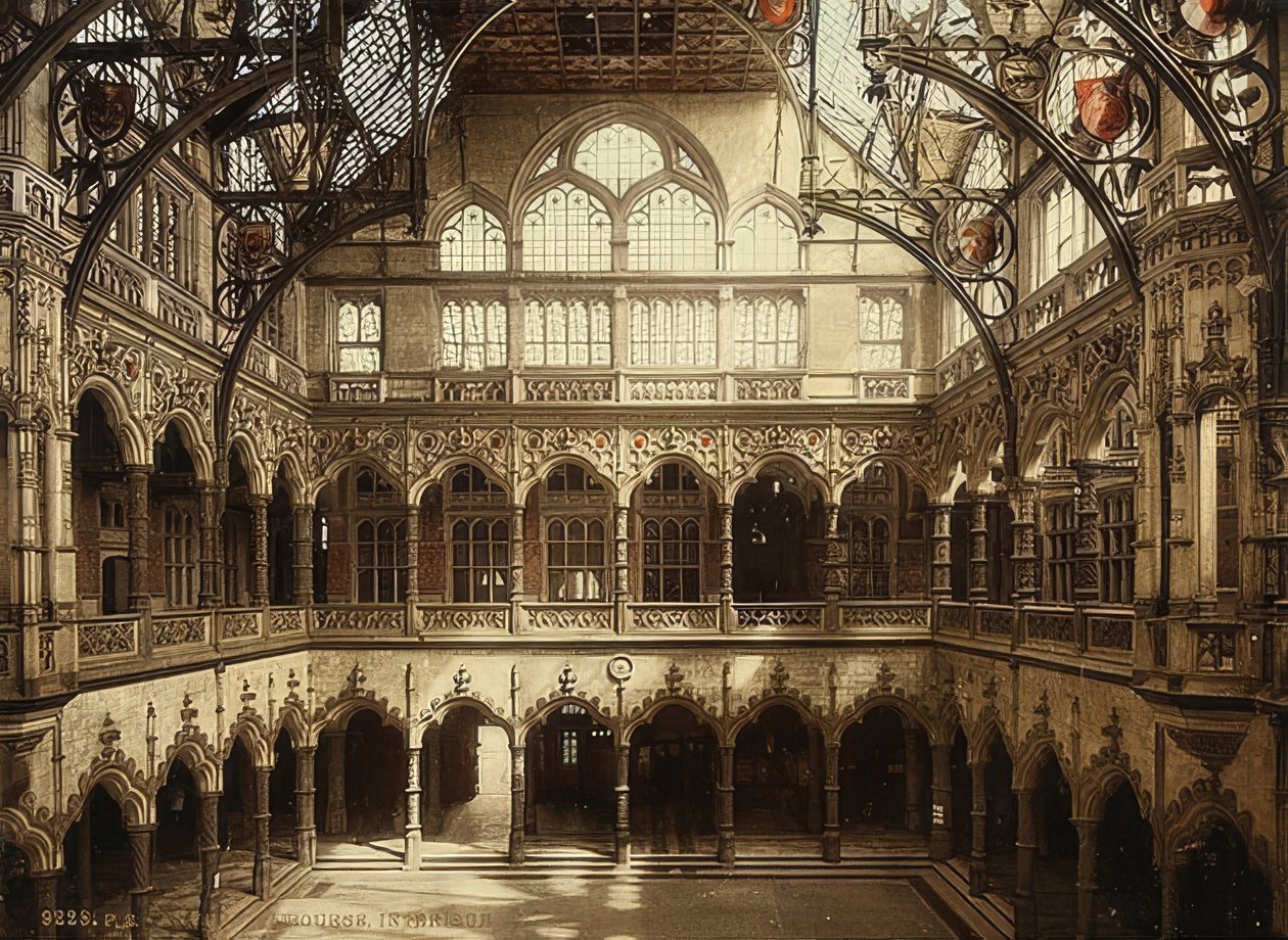 Antuérpia (Anvers). Vista interior da bolsa de valores. Por volta de 1900. Fotografia por Photoglob - Zurich de Unbekannt