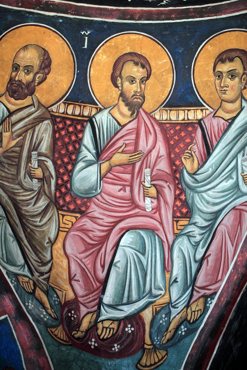Representação dos Apóstolos em torno de Cristo e do Juízo Final Detalhe do afresco bizantino da abóbada de Narthex da igreja de Asinou Cena do Juízo Final Século XIV (1332) UNESCO, Patrimônio Cultural Mundial Região de Troodos, Chipre de Unbekannt