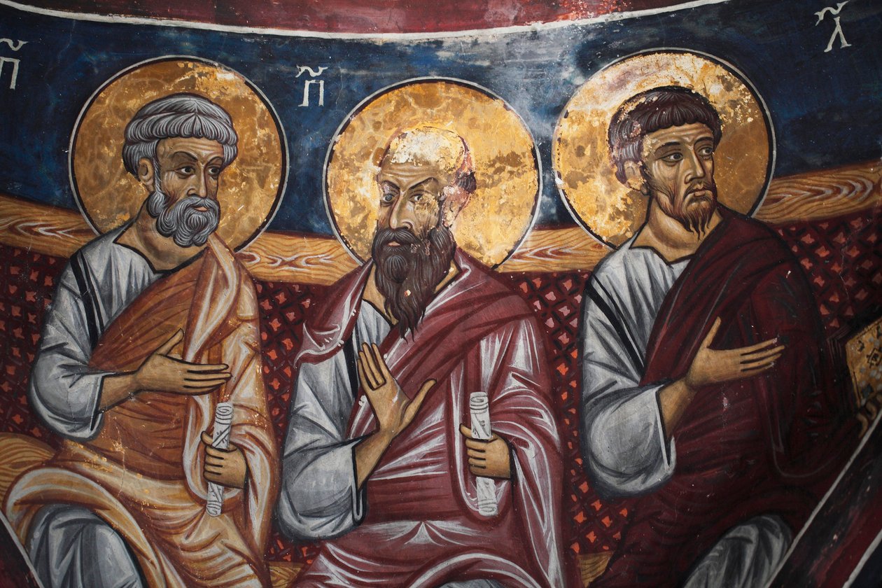 Representação dos Apóstolos em torno de Cristo e do Juízo Final Detalhe do afresco bizantino da abóbada de Narthex da igreja de Asinou Cena do Juízo Final Século XIV (1332) UNESCO, Patrimônio Cultural Mundial Região de Troodos, Chipre de Unbekannt