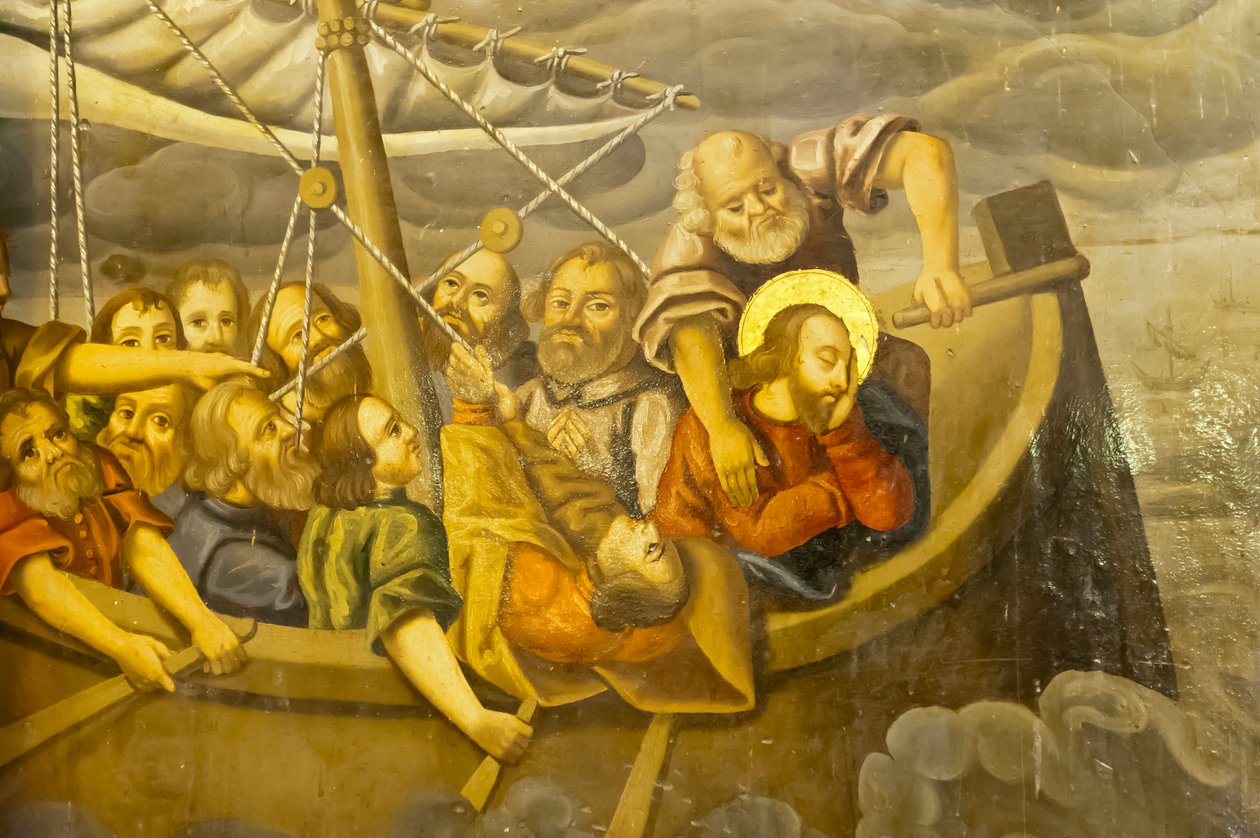 Igreja Apostólica Armênia; Mural; tempestade; Jesus com seus discípulos no barco durante uma tempestade; Igreja de Belém ou Igreja Bedkhem; distrito de Julfa ou Jolfa; Isfahan; Irã; Ásia de Unbekannt