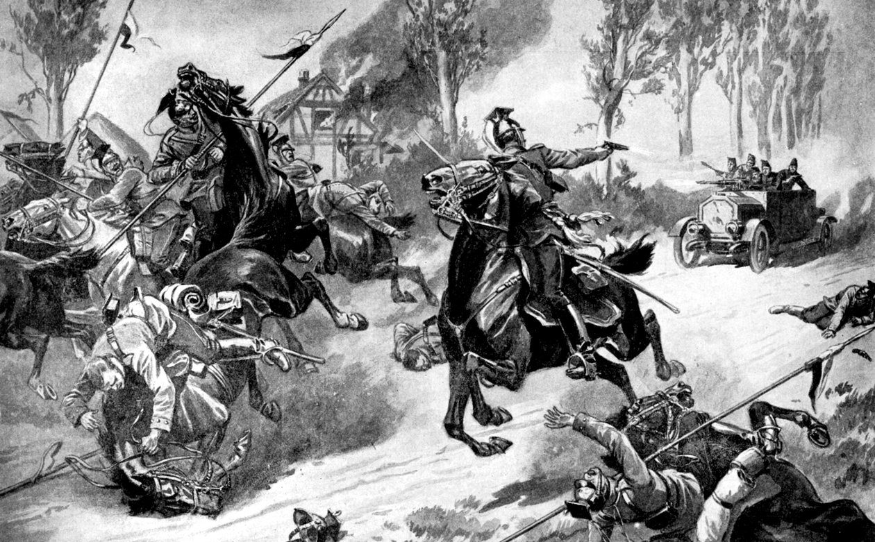 Tropas blindadas belgas sob ataque de Uhlans, Primeira Guerra Mundial, 1914 de Unbekannt