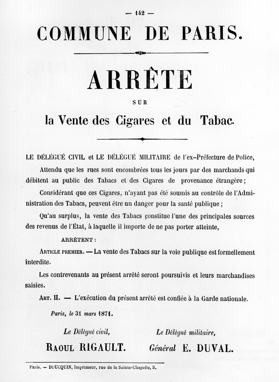 Ordem sobre a venda de charutos e tabaco, de pôsteres políticos franceses da comuna de Paris de Unbekannt
