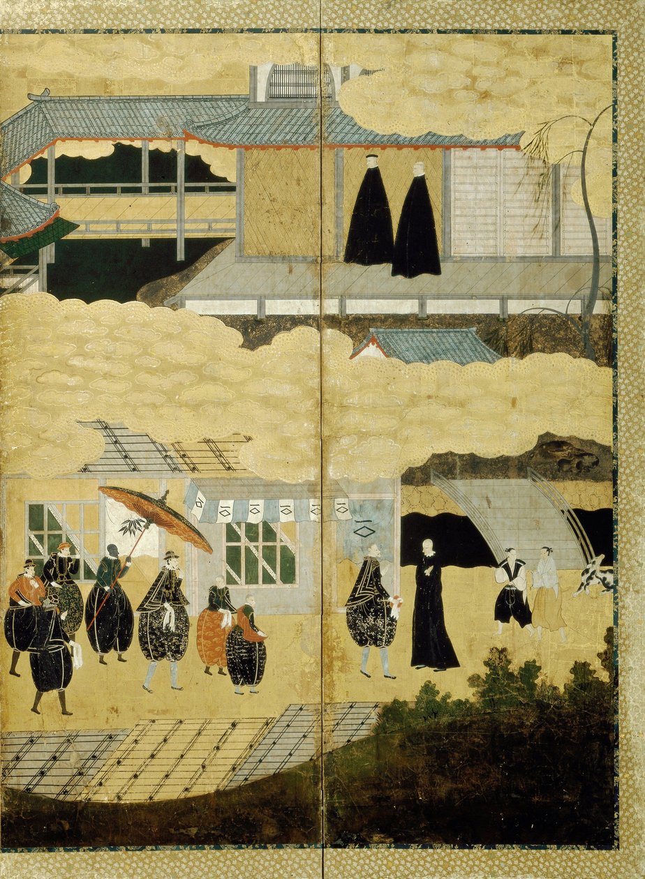 Chegada de um navio português. Tela Nanban. Detalhe: cristãos japoneses, ca. 1600 de Unbekannt