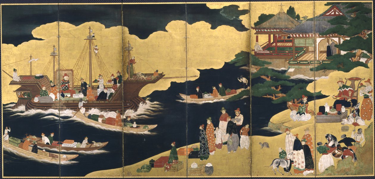 Chegada de um navio português. Tela Nanban, ca. 1600 de Unbekannt