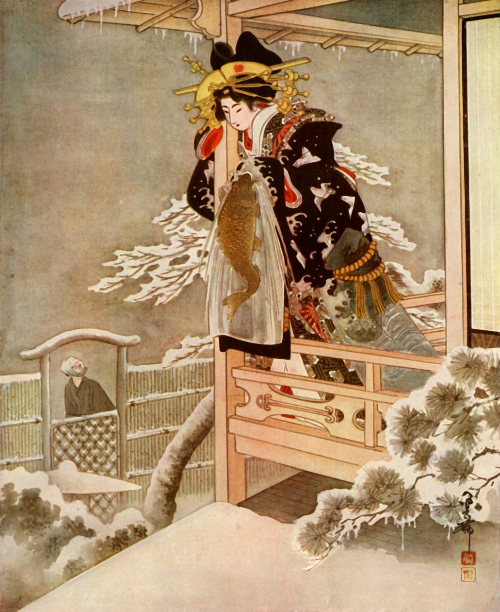 Enquanto ela falava, Urasato se inclinou sobre a varanda ..., 1919. de Unbekannt