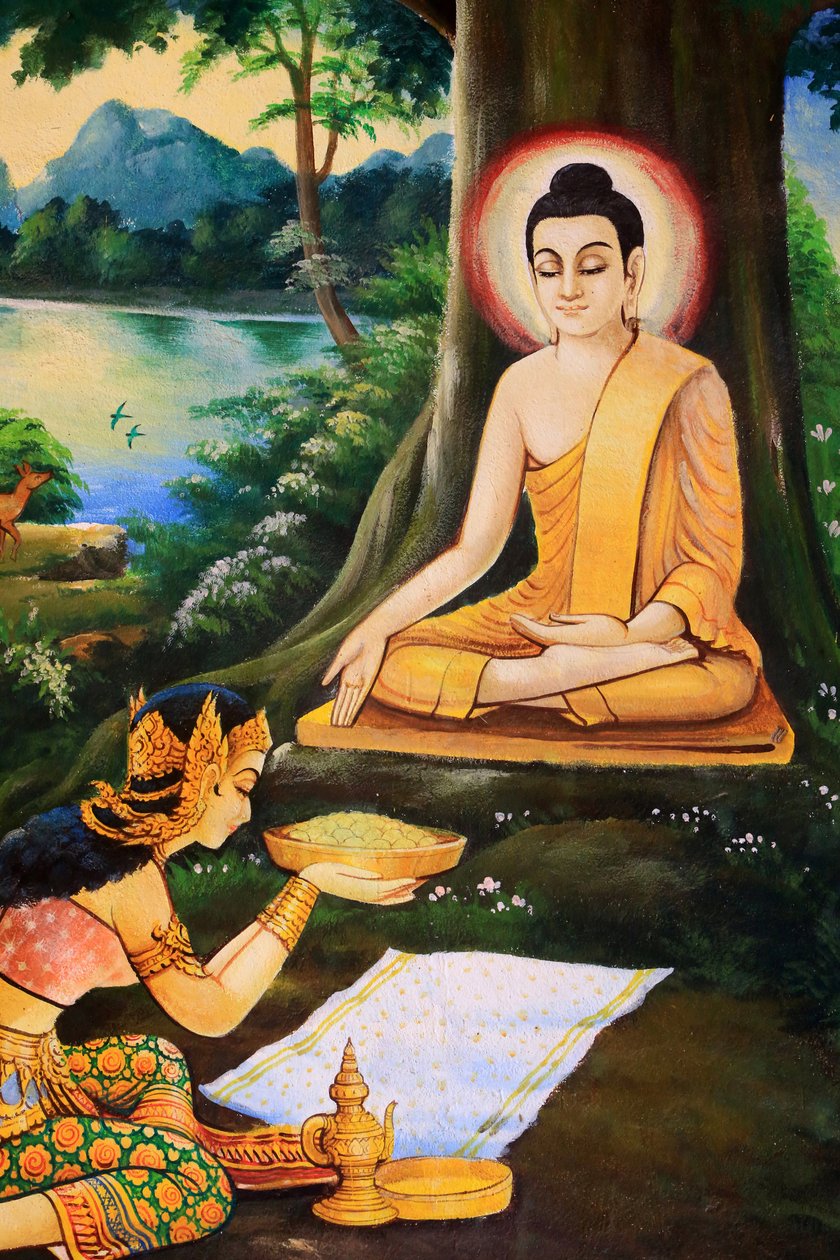 O Ascetic Buda foi oferecido uma tigela de arroz com leite na manhã do seu Iluminismo por Nandabala. Pintura retratando a história de vida de Shakyamuni Buda. Wat Ong Teu Mahawihan. Templo da Bouddha Pesada. Ventiane. Laos, 20151028, Vientiane, Laos. de Unbekannt