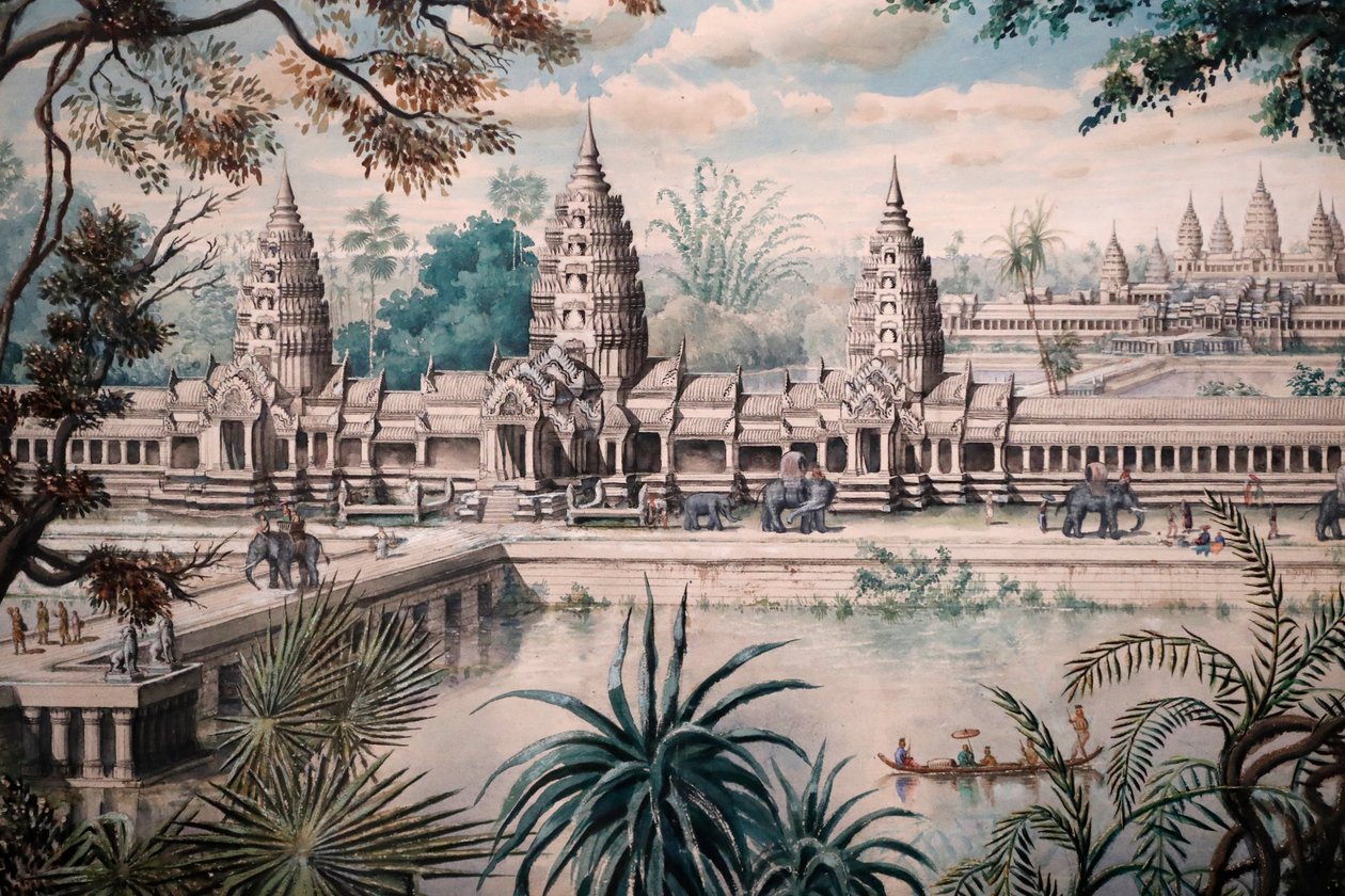 Museu das Civilizações Asiáticas, Angkor, Explorando a cidade sagrada do Camboja, Vista de Angkor Wat, Impressão gravada num desenho de Jacques Guiaud depois de um skech de Henri Mouhot, Vista de Angkor Wat de Louis Delaporte por volta de 1870-73, Singapur de Unbekannt