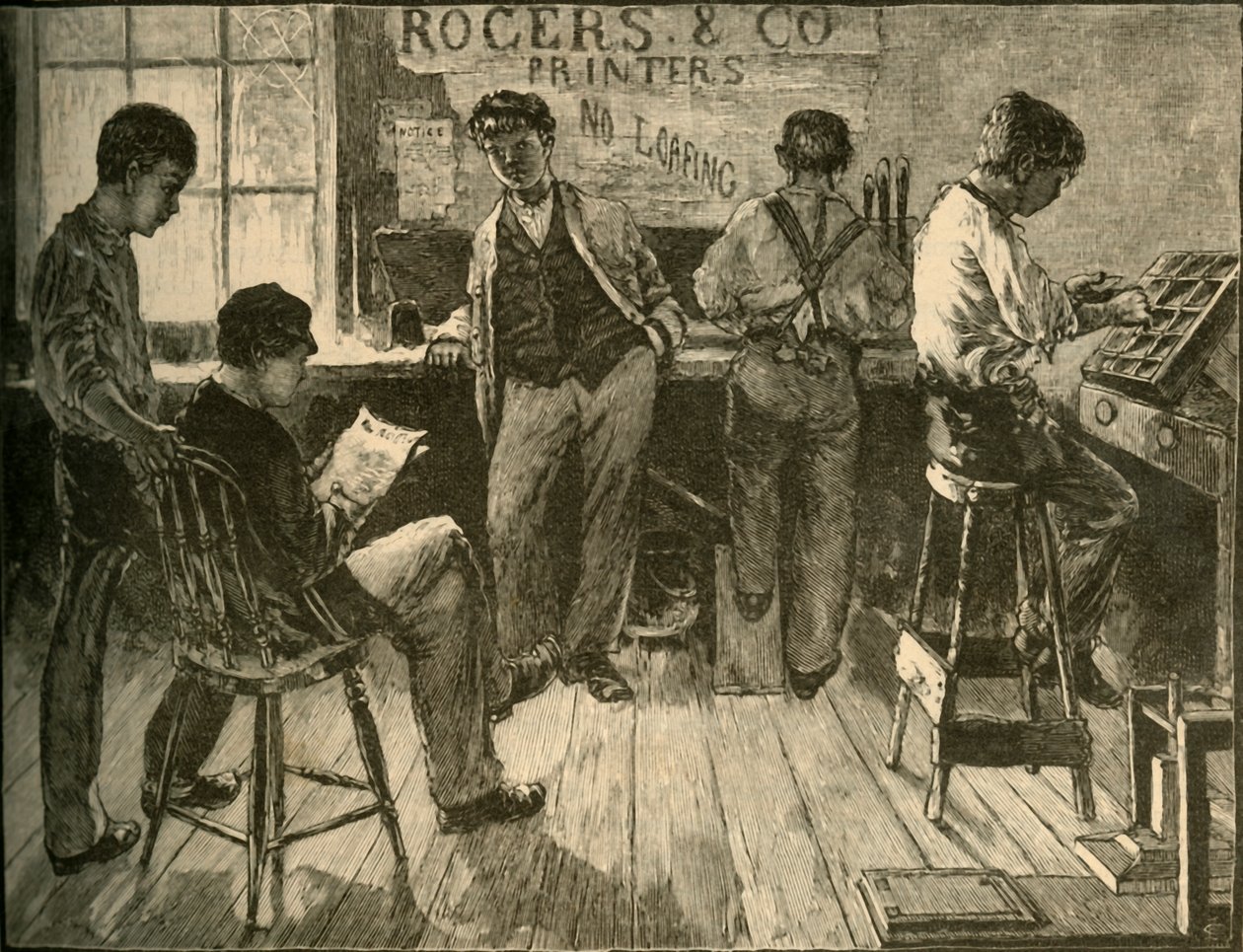 No trabalho no escritório de impressão, 1881. de Unbekannt