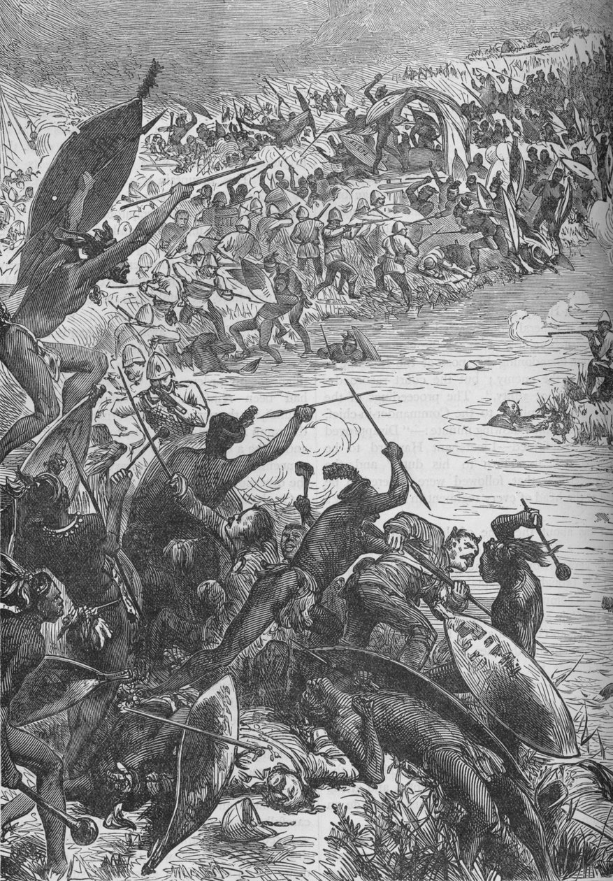 Ataque dos zulus na escolta do oitavo regimento no rio Intombe, 1879, c1880 de Unbekannt