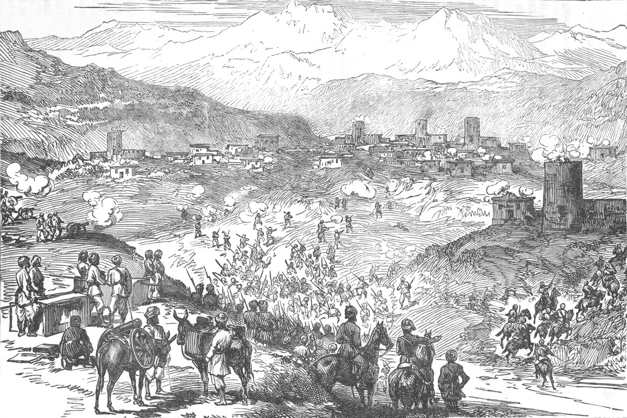Ataque a uma cidade de Afreedi, c1880 de Unbekannt