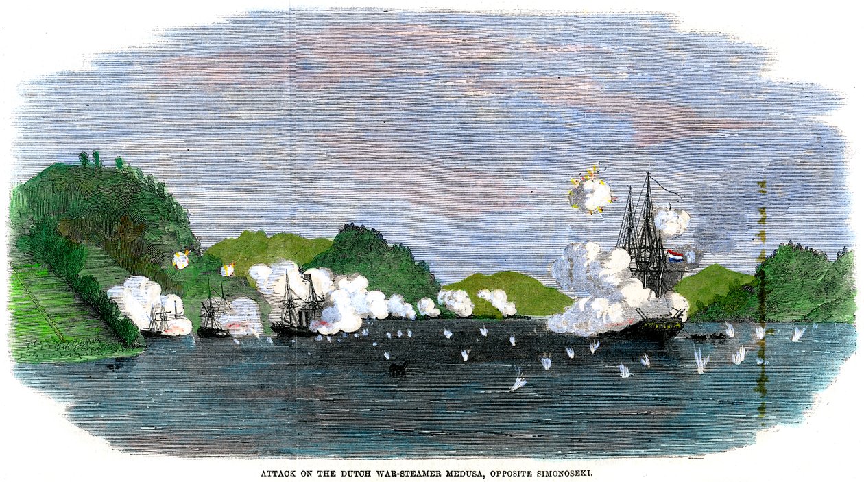 Ataque ao navio de guerra holandês Medusa, ao lado de Simonoseki, Japão, 1863 de Unbekannt