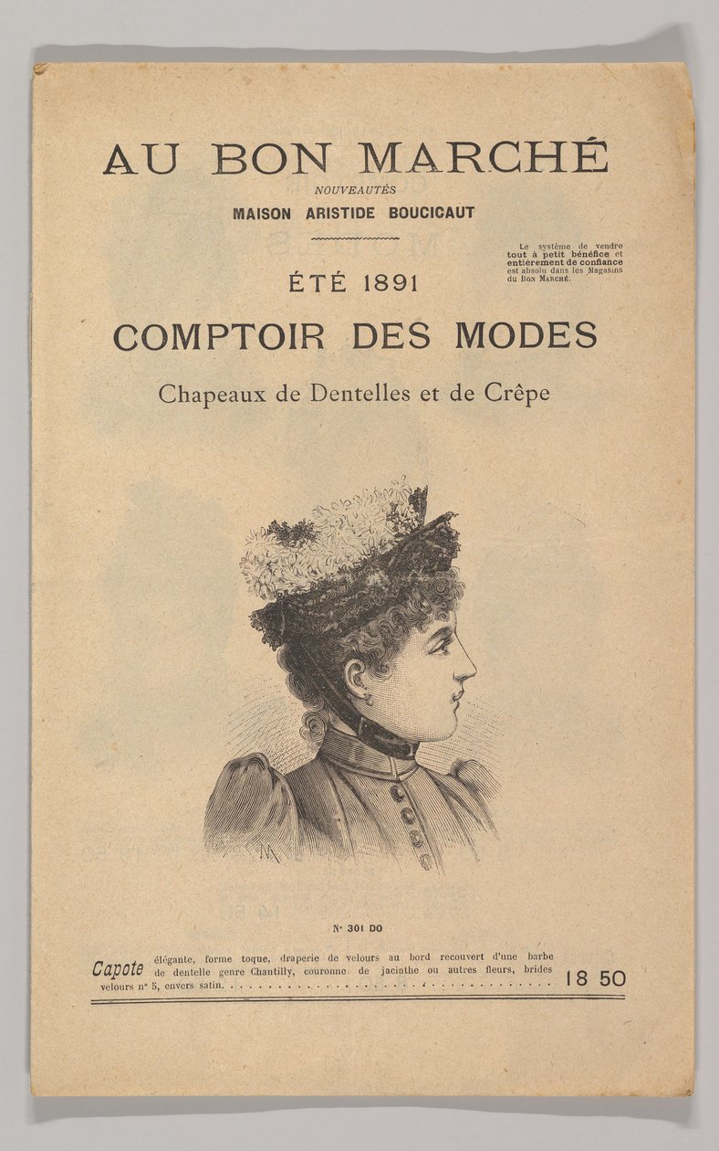 Au Bon Marché-Comptoir des Modes, chapéus de renda e crepe, verão de 1891, 1891. de Unbekannt