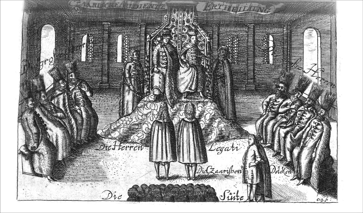 Audiência com Ivan V, Peter I e Sophia Alekseyevna de Georg Adam Schleissing Derer beyden Czaaren em Reussland ..., 1693 de Unbekannt