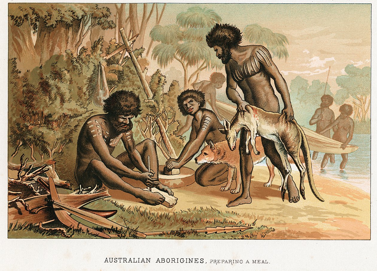 Nativos australianos preparando refeição de um animal que caçaram, c1895 de Unbekannt