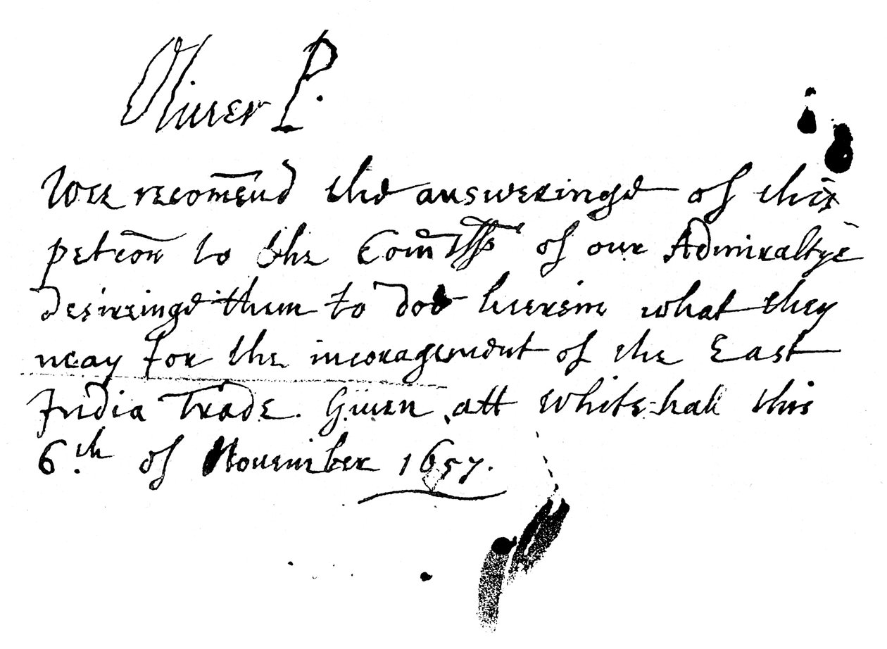 Nota do autógrafo de Oliver Cromwell a uma petição da Companhia das Índias Orientais, novembro de 1657, 1893 de Unbekannt
