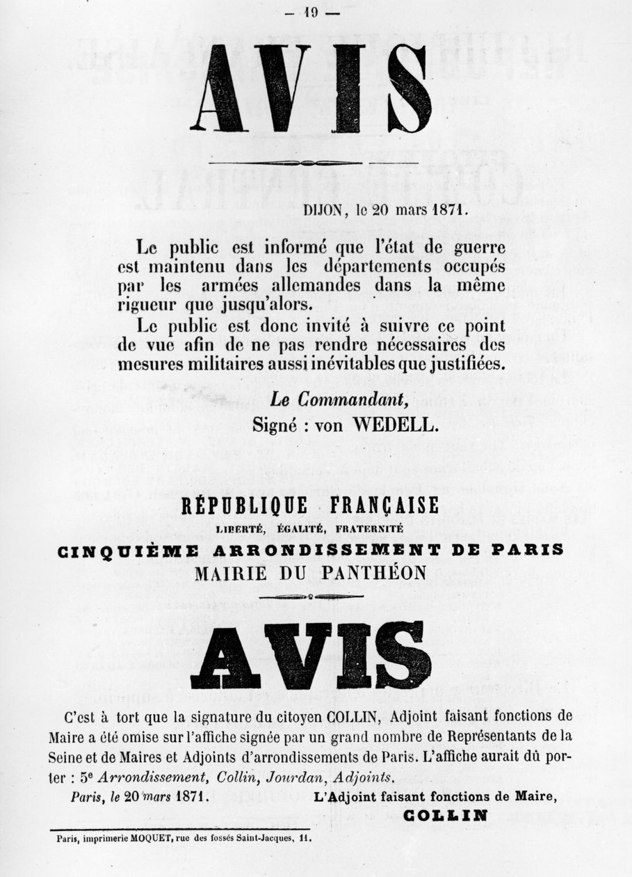 Avise, dos pôsteres políticos franceses da Comuna de Paris, maio de 1871 de Unbekannt