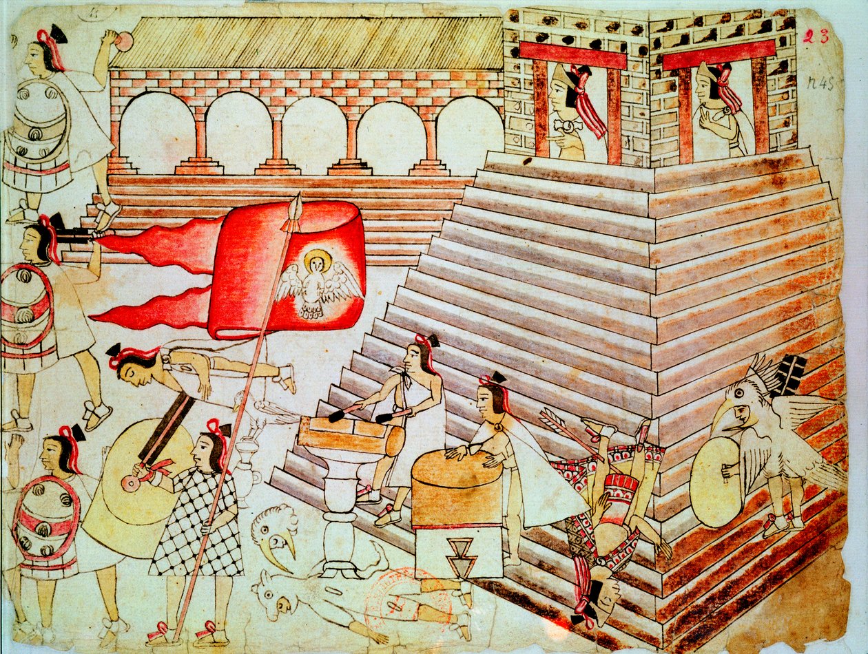 Guerreiros astecas defendendo o templo de Tenochtitlan contra os conquistadores, 1519-1521 de Unbekannt