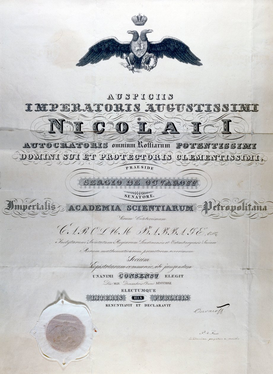 Babbage Diploma da Imperialis Academia Scientiarium Petropolitana de Unbekannt