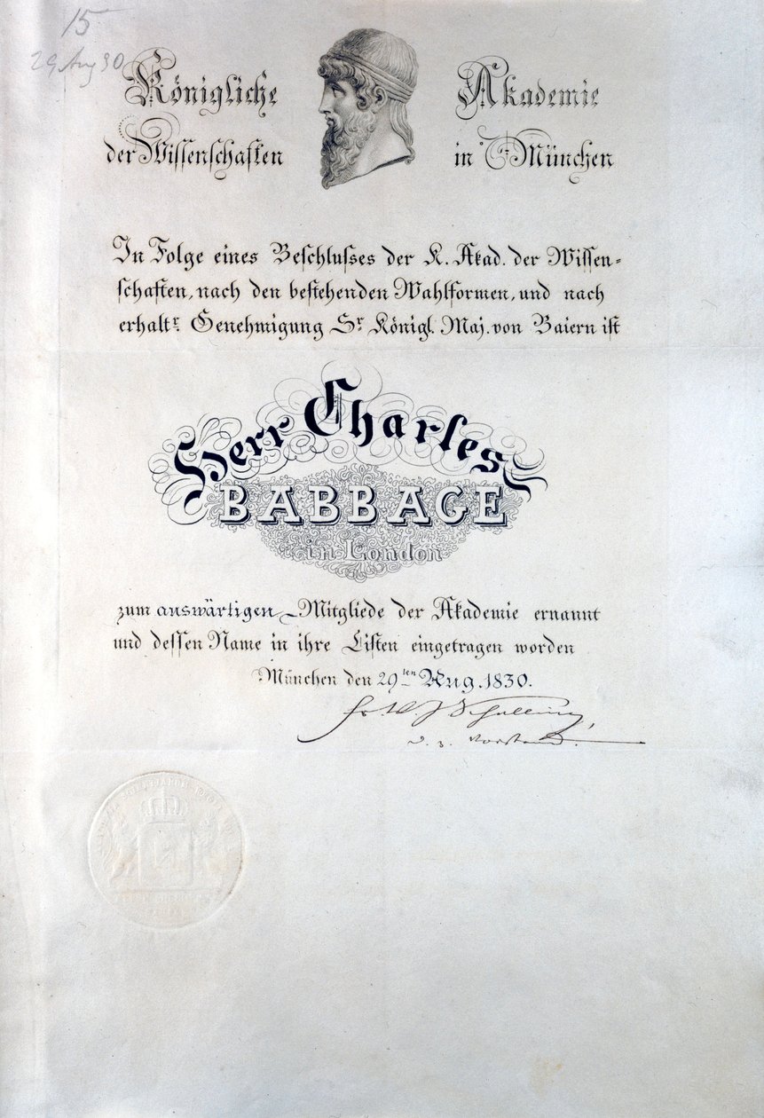 Diploma de Babbage da Konigliche Akademie der Wissenschaften Munchen de Unbekannt
