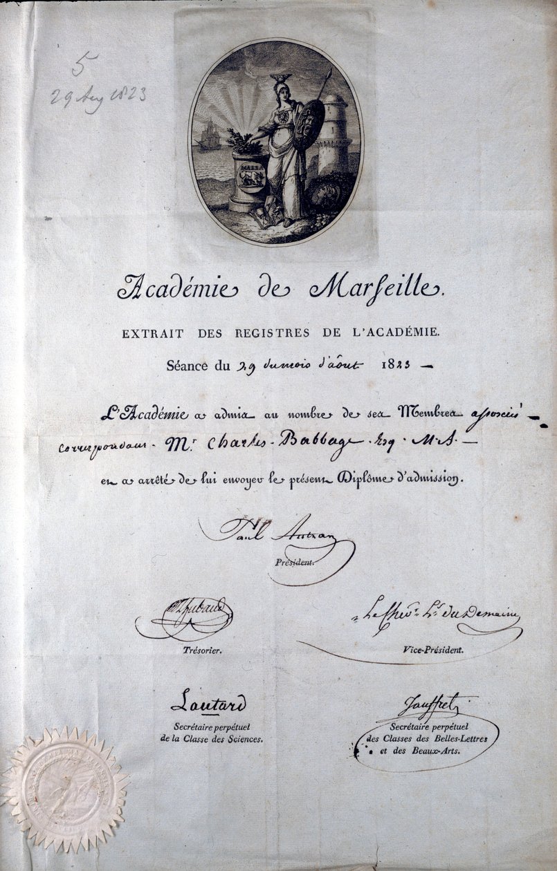 Diploma de Babbage da Academie de Marseilles de Unbekannt
