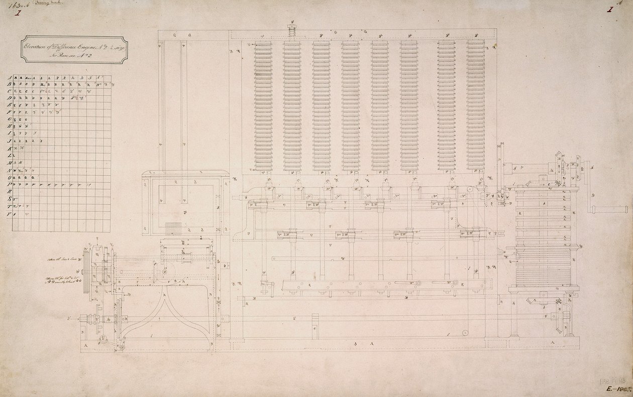 Motores de Babbage, Desenho da Diferença Vista Lateral do Motor de Diferença Nº 2 de Unbekannt